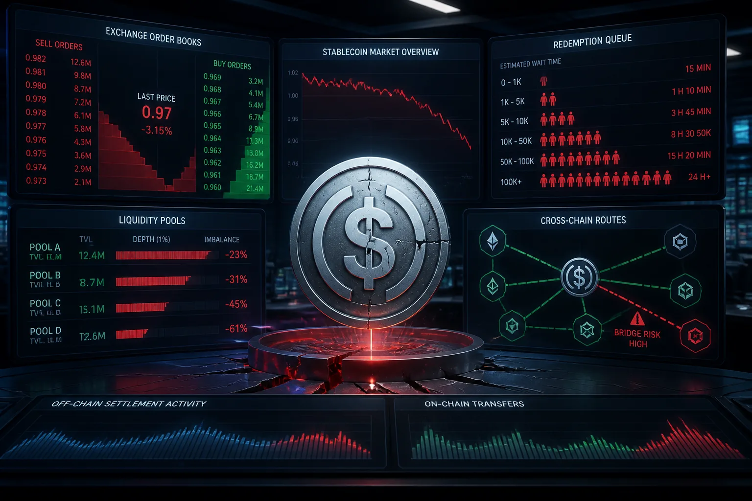Editorial scene of a stablecoin depeg event with market sell pressure, redemption bottlenecks, and liquidity fragmentation across exchanges and chains