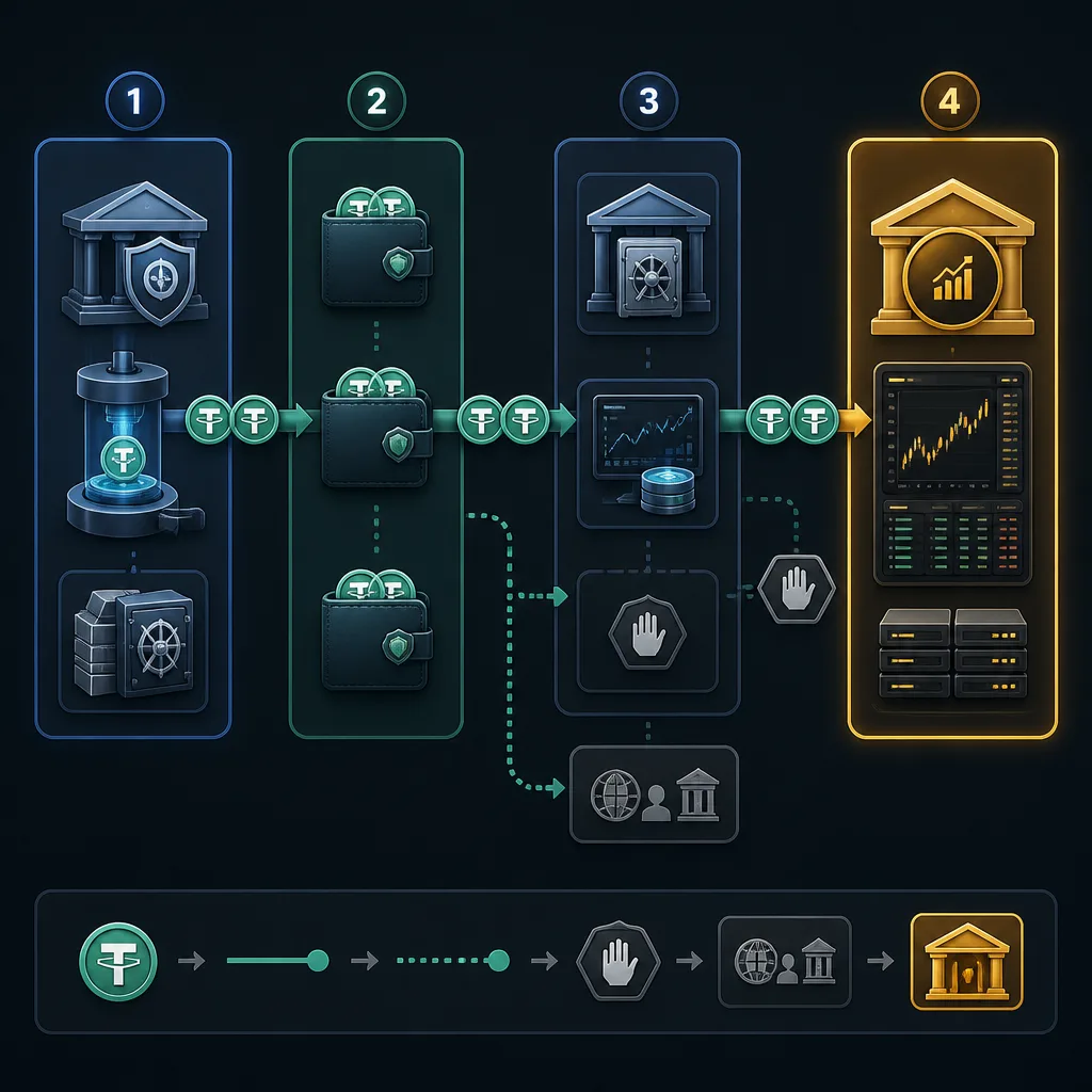 Four-stage flow diagram showing stablecoins moving from minting to treasury, then to custody and market makers, and finally to centralized exchanges.