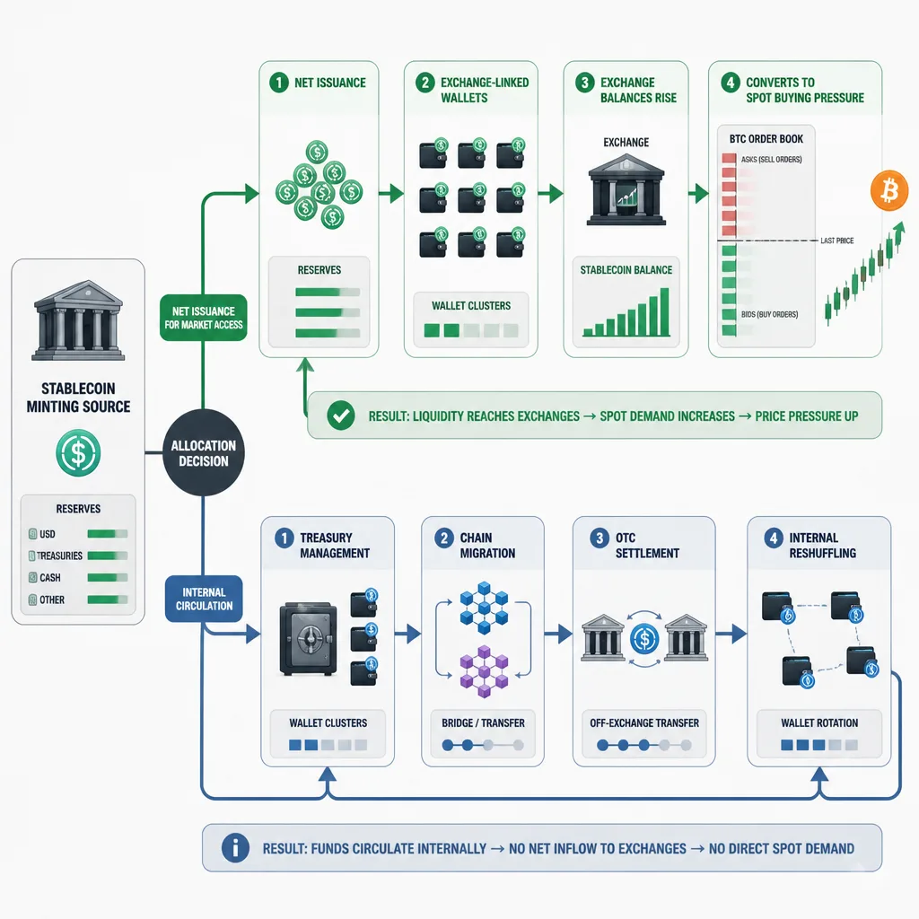 Process visualization showing stablecoin net issuance moving through treasury minting, exchange-linked inflows, and then into spot buying power, contrasted with a separate path for non-bullish treasury reshuffling and chain migration.