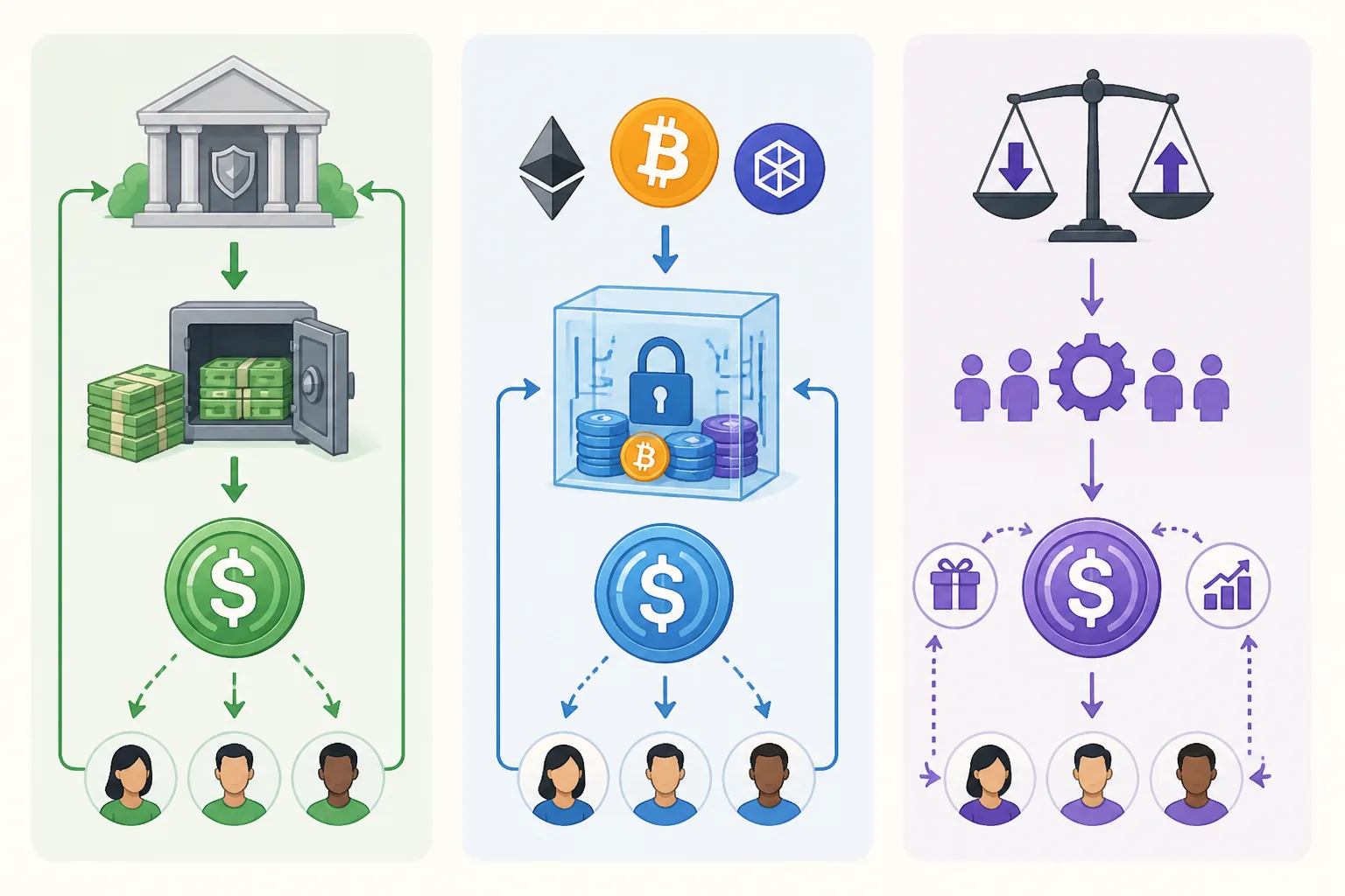 Three-panel comparison showing fiat-backed, crypto-collateralized, and algorithmic stablecoin models