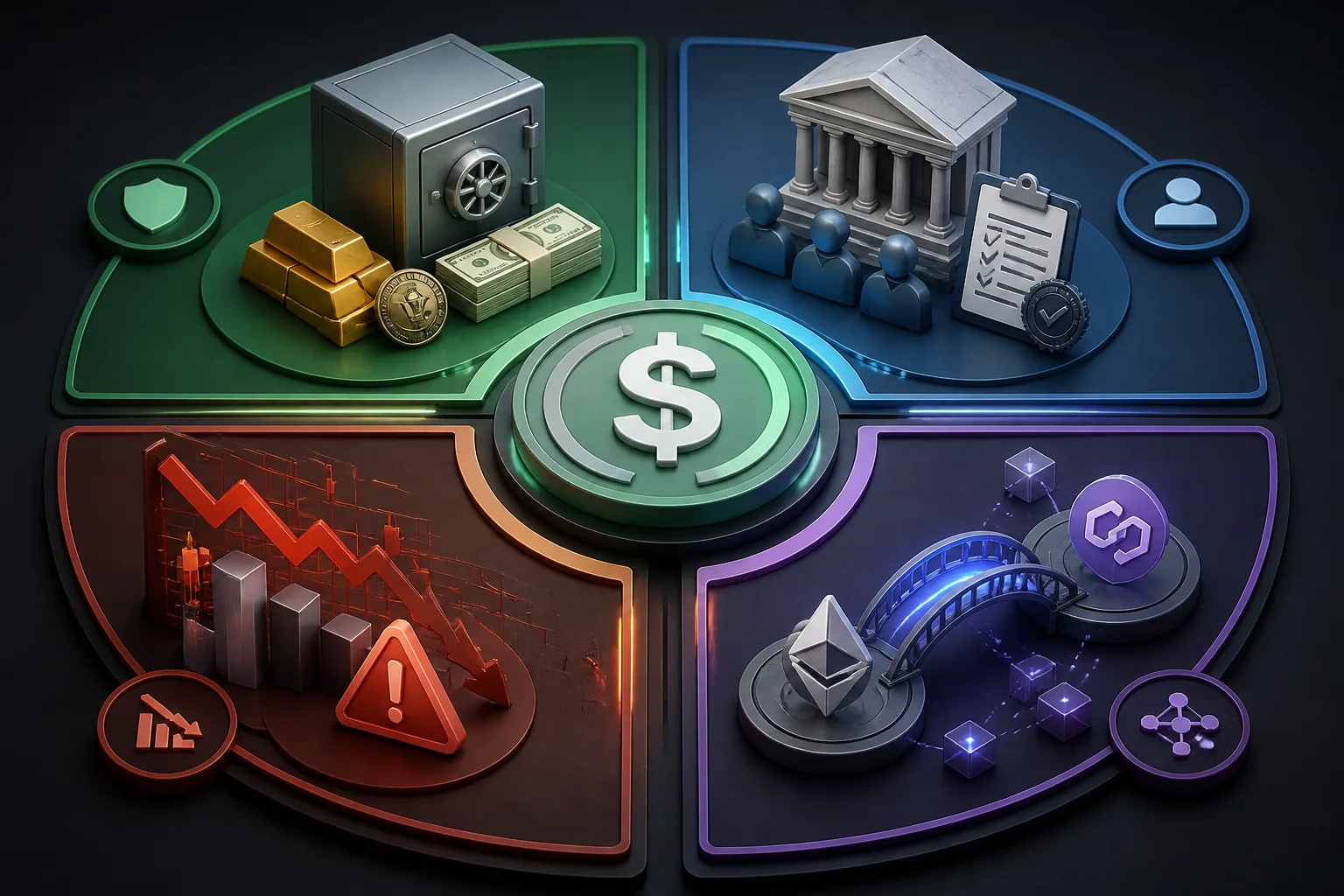 Risk framework diagram showing reserve risk, issuer risk, depeg mechanics, and chain or bridge risk as separate layers around a stablecoin
