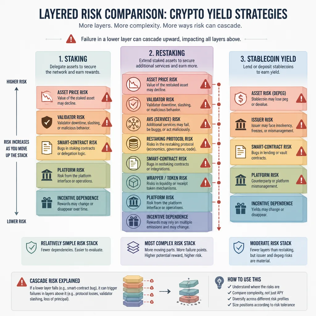 Layered risk diagram comparing staking, restaking, and stablecoin yield with increasing complexity and different failure points