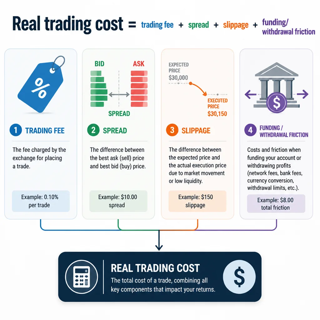 Diagram showing total trading cost as the sum of fees, spread, slippage, and funding or withdrawal friction