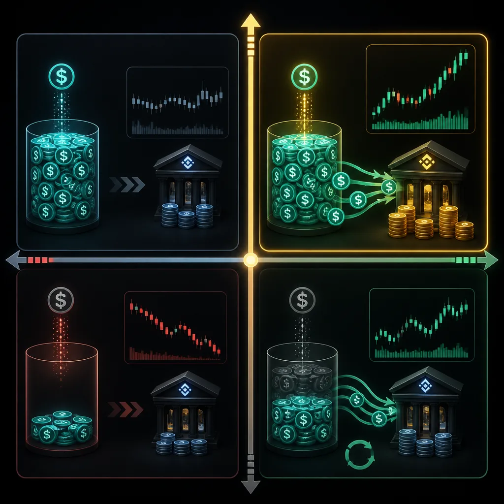 Two-layer framework grid comparing stablecoin supply growth and exchange balance growth across four market setups, with one quadrant highlighted as strongest for breakouts.