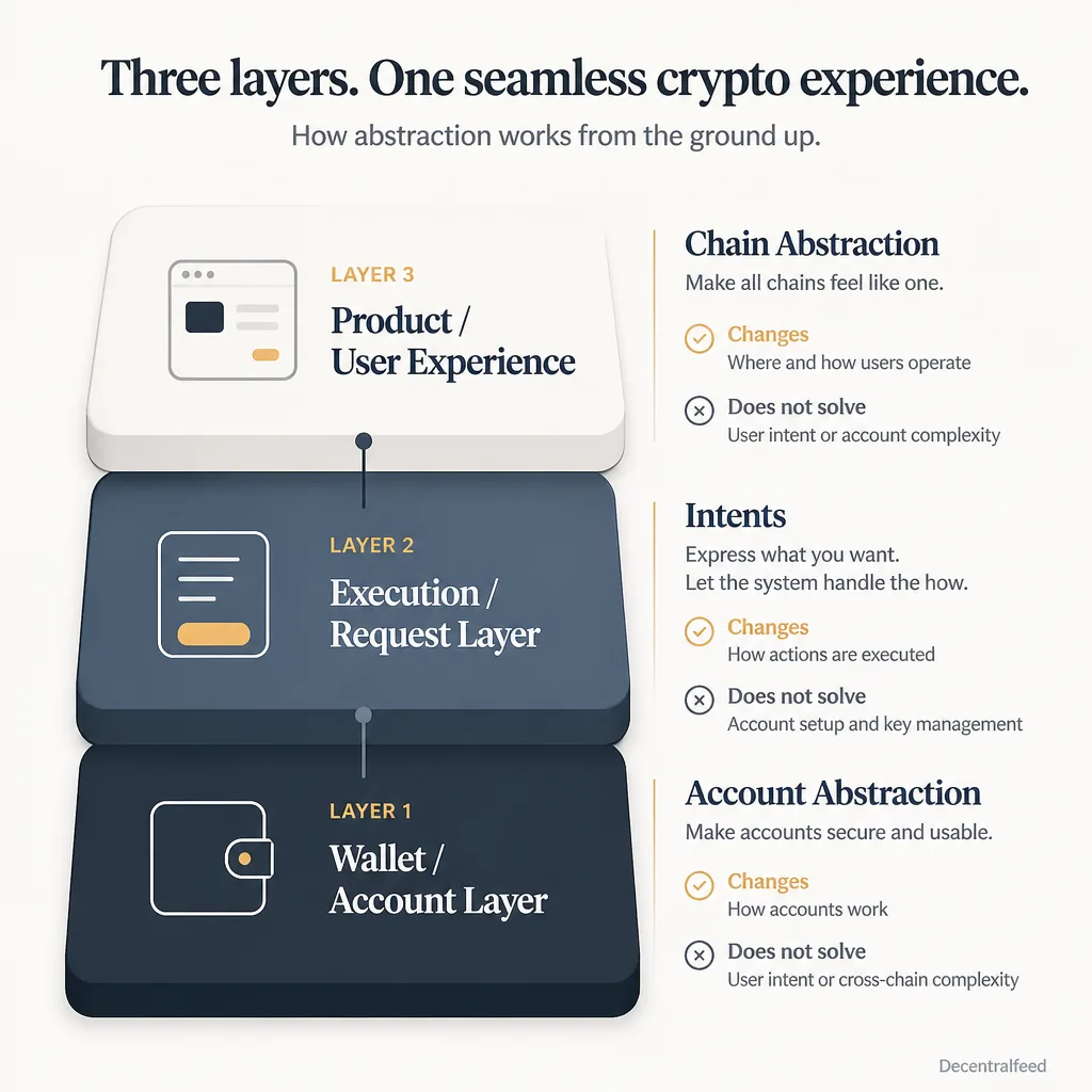 Three-layer comparison diagram showing wallet layer, execution layer, and user experience layer mapped respectively to account abstraction, intents, and chain abstraction, with short notes on what each changes and what it does not solve.